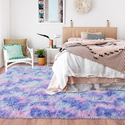 Rugs for Bedroom 4x6, Soft Shaggy Modern Shag Area Rug for Living Room, Upgrade Non-Slip Plush Fluffy Carpet for Kids Boys Girls Room Home Decor Aesthetic, Rainbow Purple