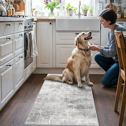 Washable 2x4 Entryway Area Rugs: Non-Slip Abstract Water Resistant Kitchen Rug Durable Doormat Soft Bedroom Carpet Indoor Low Pile Floor Mat for Bathroom Dining Room Hallway Runners(2x4,Light/Grey)