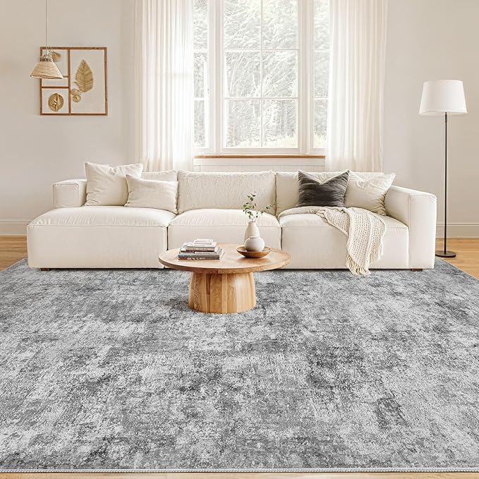 Nakagishi 10x12 Area Rugs Living Room: Washable Abstract Large Neutral Soft Rug Stain Resistant Modern Indoor Floor Non-Slip Carpet for Bedroom Nursery Kids Playroom Office Dining Room Dorm- Grey