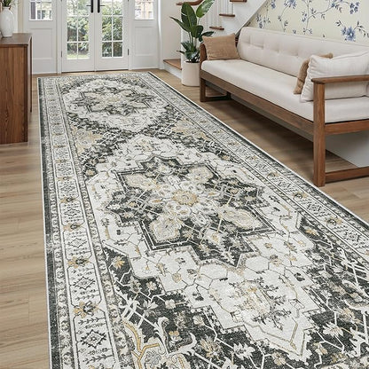 Madane 4x12 Wide Hallway Runners: Washable Runner Rug for Entryway Living Room Soft Vintage Non Slip Carpet Runner for Kitchen Dining Room Nursery Bedroom Thin Area Rug (Black,4x12ft)
