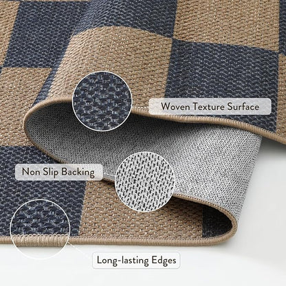 Lahome Colette Checkered Easy Jute Indoor Outdoor Carpet, 3x5 Washable Rugs for Entryway Living Room Farmhouse Area Rug, Non Slip Blue Checkerboard Indoor Door Mat for Entry Patio Deck