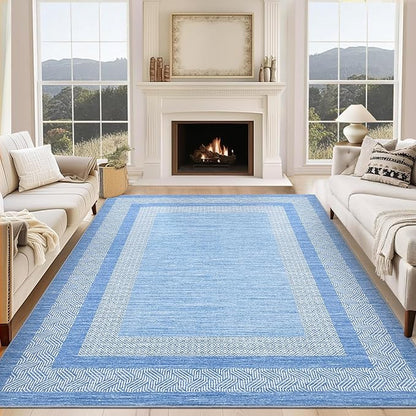 GarveeHome 8x10 Large Washable Area Rug Modern Bordered Distressed Geometric Floor Carpet, Soft Non Slip Low Pile Non Shedding Indoor Light Blue Carpet for Bedroom, Living Room