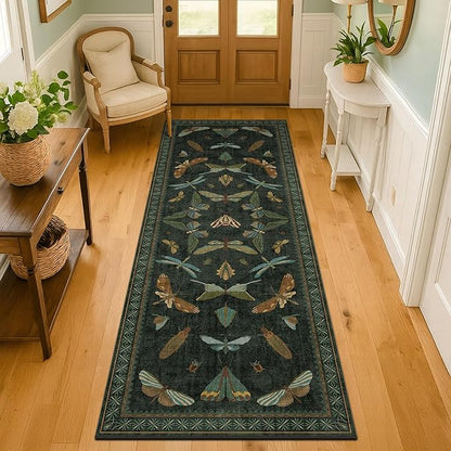 Hazo Haus Washable Insect 2x6 Runner Rug for Hallway- Stain Resistant Kitchen Runners, Floral Whimsical Indoor Floor Mat for Bathroom, Soft Non Slip with Rubber Backed, Dark Green