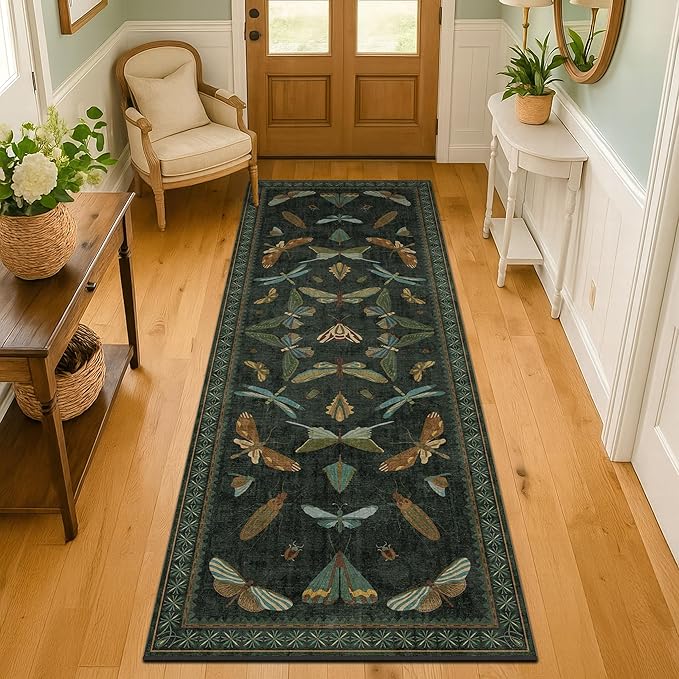 Hazo Haus Dark Green Insect 2x5 Bathroom Runner Rug - Washable Non Slip Runners for Kitchen, Laundry Room, Front Door Mat Entrance, Nature Floral Indoor Floor Décor, Thin Low Pile with Rubber Backed