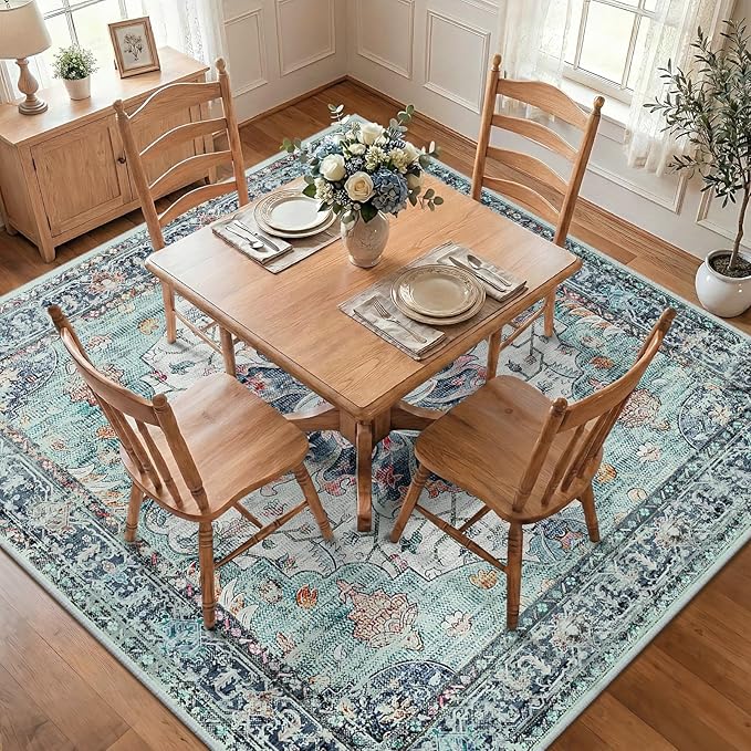 RELEANY Area Rugs Square 7ft Washable Non-Slip, Floral Vintage Distress Print Pattern Medallion Carpet for Living Room Bedroom Dining Room, Green Navy Blue White Red Teal Colorful