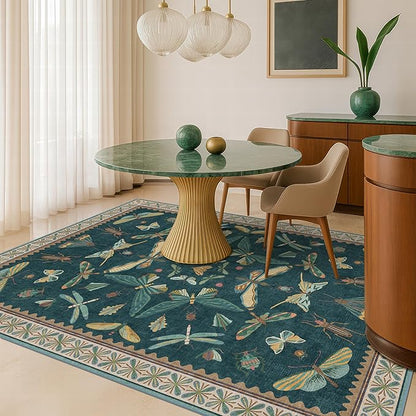 Hazo Haus Insect Teal Green 5x7 Area Rug for Living Room - Cottage Core Rug for Bedroom, Dining Room, Kids Playroom, Home Office, Floral Vintage Whimsical Butterfly Washable Non Slip Floor Décor