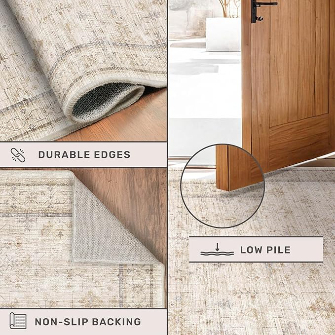 Beige Floral Washabel Area Rug for Living Room - 7x9 Non Slip Rugs for Dining Room Under Table, Bedroom Under Bed, Modern Farmhouse Décor Indoor, Low Pile Soft Geometric Carpet with Rubber Backing