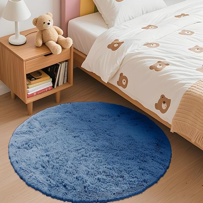 OLANLY Blue Round Rugs for Bedroom - Machine Washable, 3 ft Circle Area Rugs for Living Room, Soft and Fluffy Shaggy Carpet for Teen Girl and Boys, Nursery Rooms, Dorms, Home Decor Aesthetic