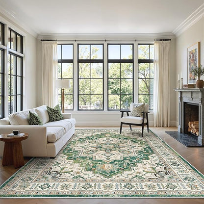 zesthome WashableRug 5x7 Area Rugs,Stain Resistant Rugs for Living Room,Bedroom,Non-Slip Backing Home Decor Rug, Vintage Medallion Pattern Rugs (Green,5'x7')