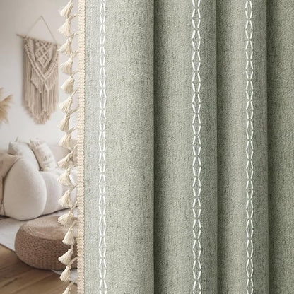 Sage Green Boho Blackout Curtains 2 Panels 84 Inch for Living Room Bedroom, Linen Texture Farmhouse Curtains with Tassels and White Cotton Embroidery Vintage Rustic Country Western