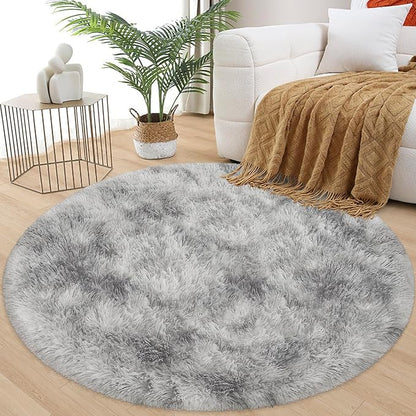 4x4 ft Tie Dye Grey Round Rug for Bedroom Room Fluffy Circle Rug Furry Carpet Shaggy Circular Fuzzy Washable Non-Slip Large Area Rug Soft Indoor for Living Room Cute Aesthetic Home Decor