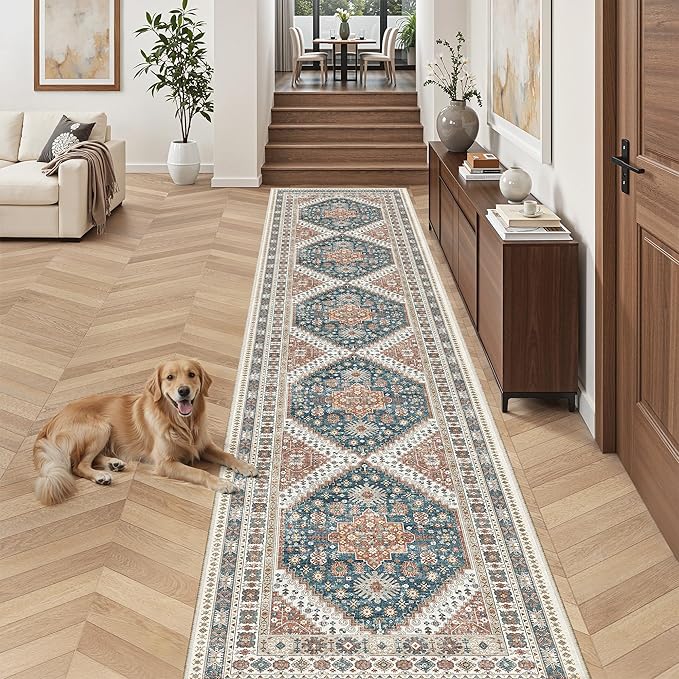 Madane Hallway Runner Rug 2'6''x14' Kitchen Runner, Non Slip Vintage Runners for Hallways Washable Kitchen Rugs Soft Low Pile 2.5x14 ft Rug Runner for Laundry Room, Entryway and Bedroom, Navy Blue