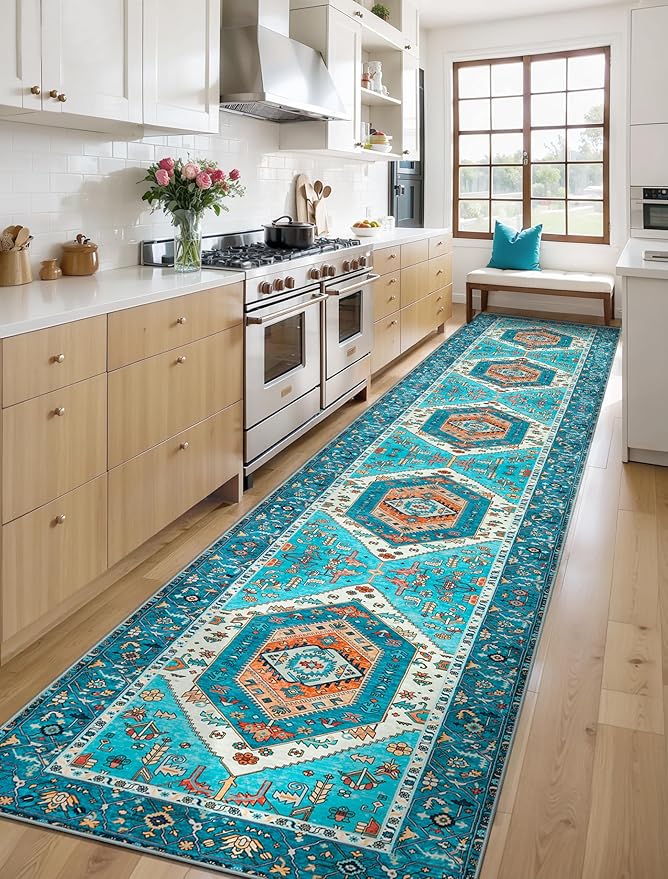 SERISSA Runner Rug for Hallways, 2'6"x14' Washable Non Slip Kitchen Runner Rug, Extra Long Boho Rug Ultra Soft Vintage Blue Print Floor Carpet for Bedroom Hallway Entryway Bathroom Laundry Room