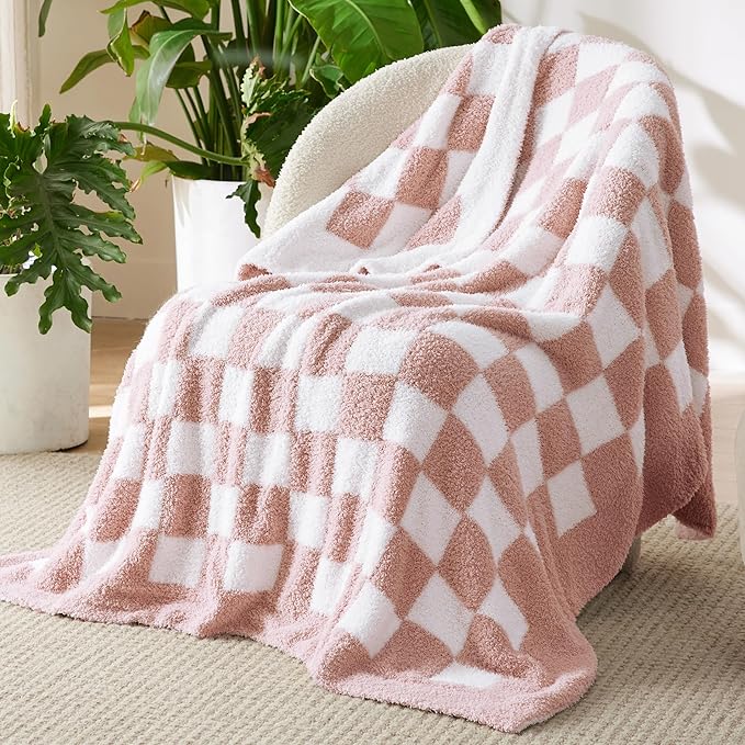 Bedsure GentleSoft Checkered Twin Blanket for Couch, Super Soft Cozy & Warm Knit Pink Throw Blanket, Breathable, Lightweight & Fluffy Plaid Blankets for Bed, Sofa, Gifts for Women Grils, 60x80 Inches