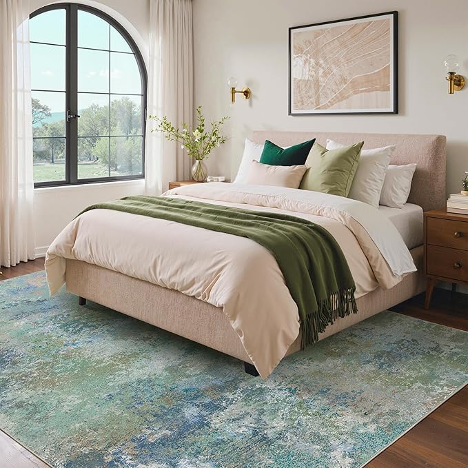 BEIMO Area Rugs 4x6 for Living Room Bedroom, Modern Abstract Machine Washable Rug, Large Soft Low Pile Floor Carpet with Non Slip Backing for Dining Room, Blue Green
