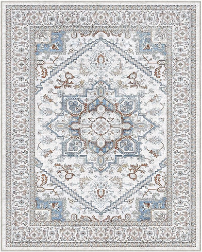 OPPODREAM Soft 8x10 Area Rugs, Washable Rugs 8x10 with Non Slip Backing, Faux Cashmere Low-Pile 8 x 10 Carpet, Cream White & Blue & Light Brown