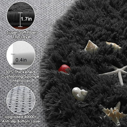 ONASAR Black Round Rugs 7ft for Living Room, Fluffy Bedroom Circle Area Rug, Soft Plush Shaggy Carpet for Kids Girls Boys Teen Nursery Dorm Classroom Playroom Home Decor Aesthetic