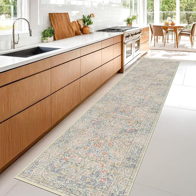 Hazo Haus Beige Blue Washable 2'6"x10' Wide Hallway Runners, Kitchen Runner Rug, Non-Slip & Stain Resistant 10ft Long Floor Rug, Retro Lilic Boho Floral Décor