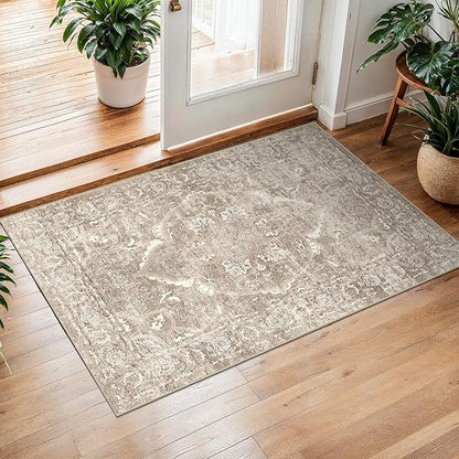 2x3 Entryway Area Rug Washable - Neutral Small Entry Rug Kitchen Rug Runner Vintage Soft Floor Mat Non Slip Indoor Farmhouse Carpet for Bedroom Bathroom Living Room (Beige)