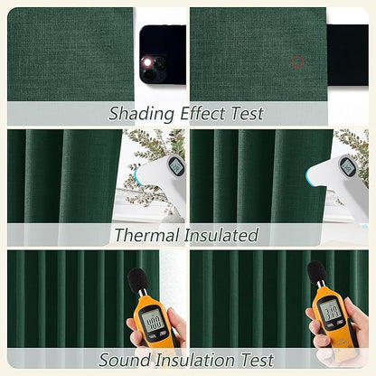 Guken Dark Green 100% Blackout Linen Curtains 84 Inch Length 2 Panels Set for Living Room Back Tab Thermal Insulated Black Out Drapes Room Darkening Farmhouse Style for Bedroom Curtains 52x84
