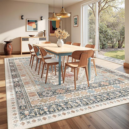 Washable Rugs 8x10 Area Rugs for Living Room, Non-Slip Backing Large Rug for Nursery Room, Vintage Floral Bedroom Rugs, Thin Indoor Home Decor Soft Farmhouse Rug (Blue/Red/Multi,8'x10')