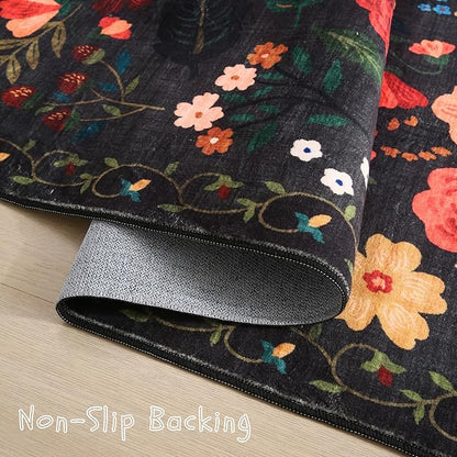 Rugcomf Runners for Hallways Kitchen Rug Non Slip 2'x 10' Long Washable Runner Rugs with Rubber Backing Soft Floral Carpet Runner for Hallways, Kitchen, Laundry, Bedroom, Bathroom(Black)