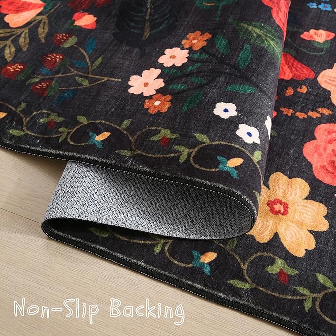 Rugcomf Area Rug 4x6 Rug Washable Boho Rugs Non Slip Low Pile Floral Small Carpet for Bedroom, Bedside, Kids Room, Office, Dining Room(Black)
