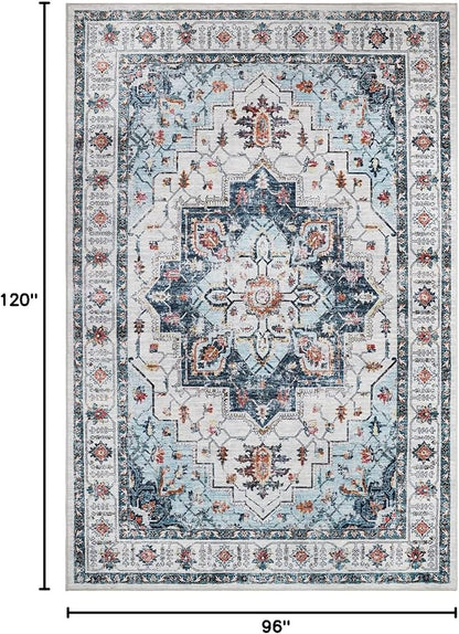 Madane Washable Rug 8x10 Area Rugs for Living Room, Ultra-Thin Non-Slip Backing Rug, Stain Resistant Vintage Large Area Rug for Bedroom (Blue, 8'x10')