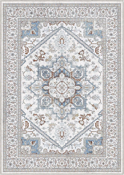 OPPODREAM Soft 10x14 Area Rugs, Neutral Washable Rugs 10x14 with Non Slip Backing, Low-Pile Faux Cashmere 10 x 14 Carpet, Cream White & Blue & Light Brown