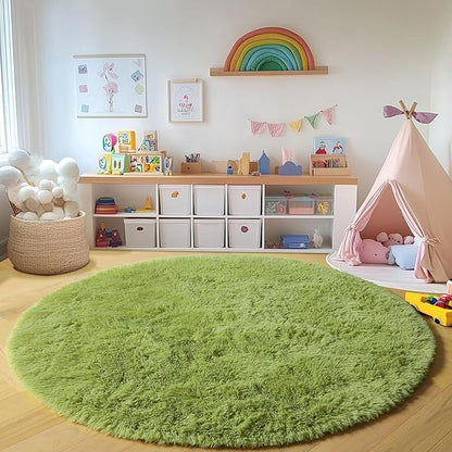 ONASAR Grass Green Round Area Rug 4ft, Soft Bedroom Circle Rugs Floor Mat for Kids Girls Teen Room, Cute Fluffy Plush Shaggy Carpet for Baby Nursery Living Room Playroom Dorm Home Decor