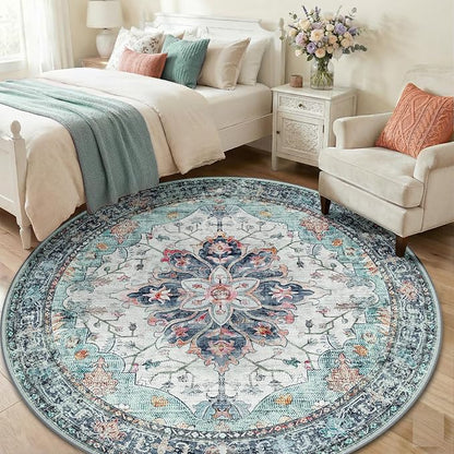 Area Rugs 6ft Washable Non-Slip, Floral Vintage Distress Print Pattern Medallion Carpet for Living Room Bedroom Dining Room, Green Navy Blue White Red Teal Colorful