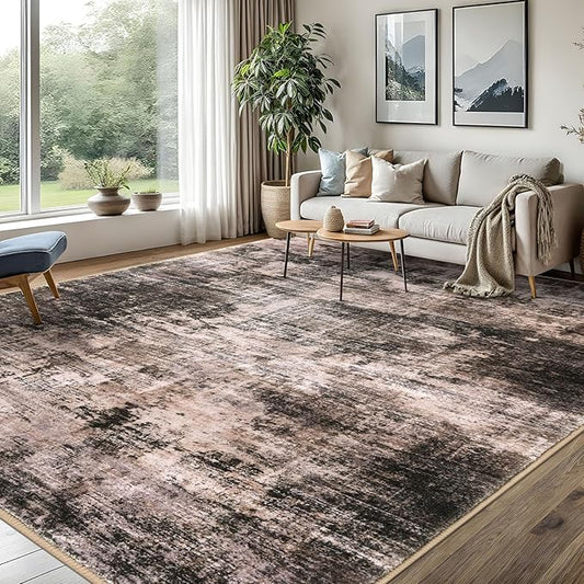 IOHOUZE Abstract Area Rugs 8x10 Ft Washable Large Rugs for Living Room, Non Slip Dining Room Rug, Printed Faux Wool Rugs for Bedroom, Floor Carpet for Office Nursery Playroom, Brown/Rust