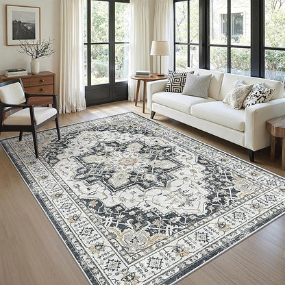 zesthome Washable Rug 6x9 Area Rugs,Stain Resistant Rugs for Living Room,Bedroom,Non-Slip Backing Home Decor Rug, Vintage Medallion Pattern Rugs (Black,6'x9')