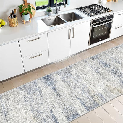 Kitchen Runner Rugs Non Skid Washable - 2.5 x 10 Runner Rug with Anti Slip Backing, Ultra-Thin Soft Rug Runner for Hallway, Bedroom, Living Room (2.5'x10', Blue/Brown/Ivory)
