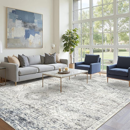 10x14 Area Rugs for Living Room, Non Slip Machine Washable Vintage Rugs, Low Pile Lightweight Large Rug for Bedroom, Dining Room, Home Office Blue Ivory