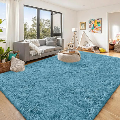 OLANLY 9x12 Machine Washable Large Area Rugs for Living Room, Bedroom, Soft Fluffy Shaggy Bedside Rug, Indoor Floor Carpet for Kids Girls and Boys, Dorms, Nursery, Home Decor Aesthetic, Slate Blue