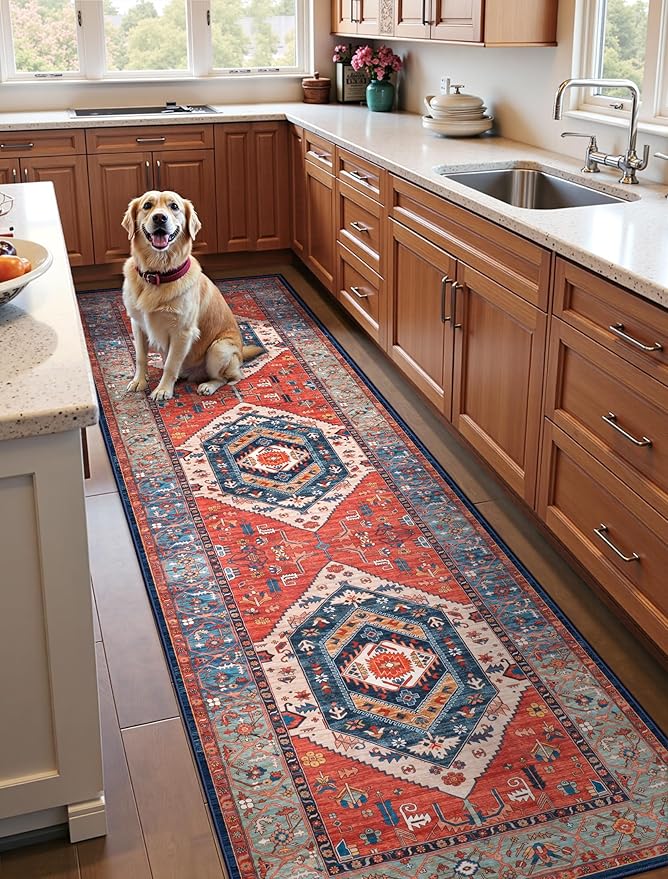 SERISSA Runner Rug for Hallways, 2'6"x8' Washable Non Slip Boho Kitchen Runner Rug, Vintage Rust Ultra Soft Print Distressed Tribal Floor Carpet for Bedroom Bathroom Laundry Room