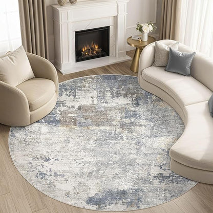UERMEI 6ft Round Area Rug Living Room Rugs - 6x6 Washable Neutral Modern Abstract Soft Thin Rug Indoor Floor No Slip Rug Carpet for Bedroom Under Dining Table Home Office Decor - Blue Grey