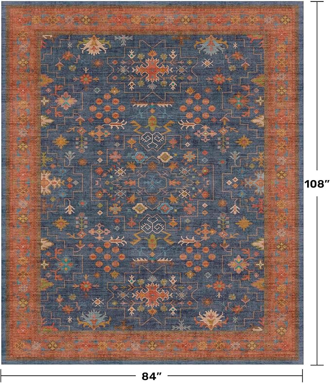 Hazo Haus Dining Room Rugs for Under Table - 7x9 Washable Area Rug for Living Room, Low Pile Non-Slip Rugs for Bedroom - Navy Blue Vintage Boho Unique Home Decor