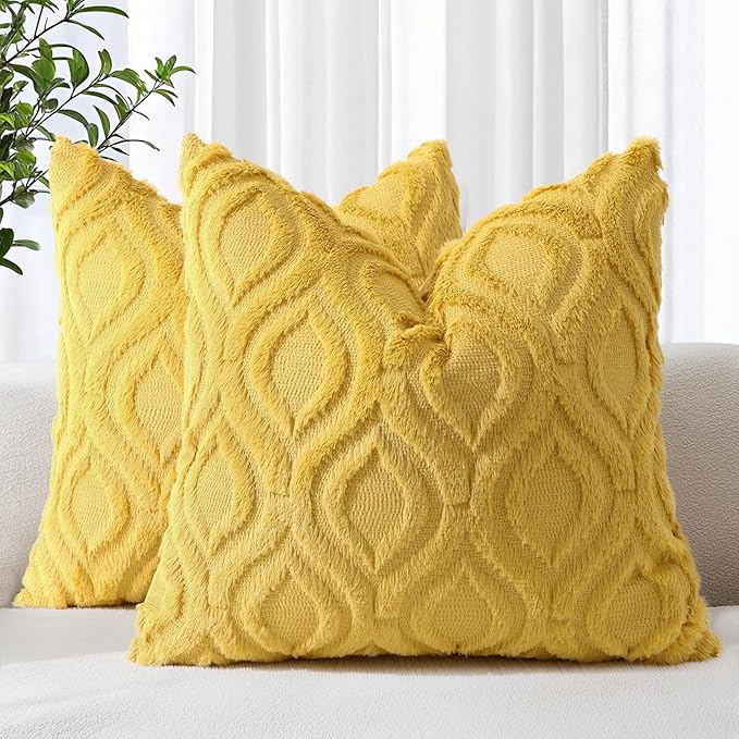 decorUhome Summer Throw Pillow Covers 26x26 Inch Set of 2, Soft Plush Faux Wool Mustard Yellow Solid Couch Pillow Covers, Accent Euro Sham Farmhouse Square Pillow Cases for Sofa Bed Living Room