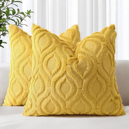 decorUhome Summer Throw Pillow Covers 22x22 Inch Set of 2, Soft Plush Faux Wool Mustard Yellow Solid Couch Pillow Covers, Accent Euro Sham Farmhouse Square Pillow Cases for Sofa Bed Living Room