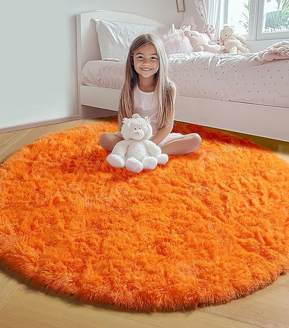 ONASAR Orange Round Rugs 5ft for Bedroom Living Room, Fluffy Circle Area Rug for Kids Girls Boys Teen, Soft Plush Shaggy Carpet for Nursery Dorm Classroom Playroom Home Decor Aesthetic