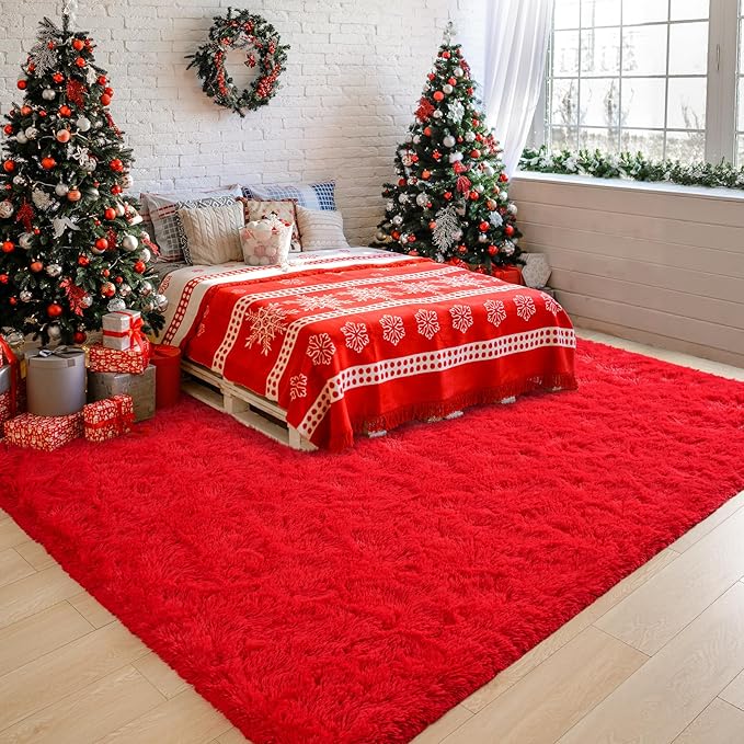 Chicrug Soft Area Rugs for Bedroom Living Room Plush Fluffy Rug 5x8 Feet, Shag Furry Area Rug Carpet Non Shedding for Nursery Children Kids Girls Room Home Decorative, Red
