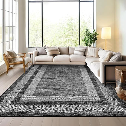 GarveeHome Washable Rug 5x7 Modern Bordered Rug with Non Slip Rubber Backing, Low Pile Thin Carpet, Soft Non Shedding Floor Covering, Foldable Printed Carpet for Living Room Bedroom, Black