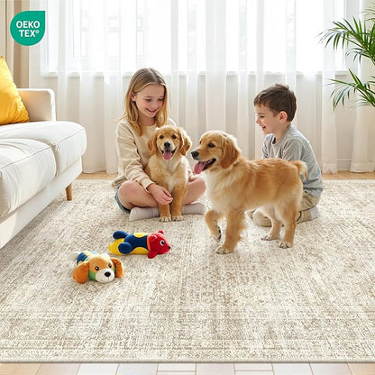 6x9 Rug for Living Room,Soft Low Pile Indoor Washable Rugs for Bedroom, Non-Slip Backing Vintage Large Area Rug, Printed Abstract Carpet(6'x9', Beige/Ivory)