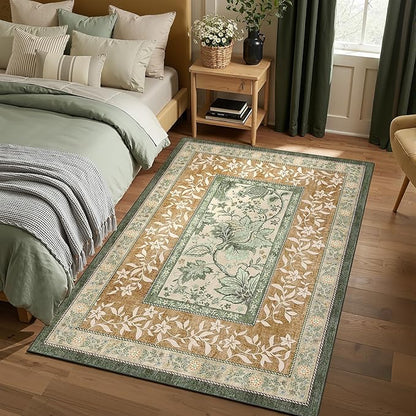 GarveeHome Terracotta Olive Sage Green Washable 5x7 Area Rugs, Botanical Grove Vintage Cottage core Non-Slip Rug for Bedroom Living Room Nursery Kitchen Low-Pile Retro Carpet