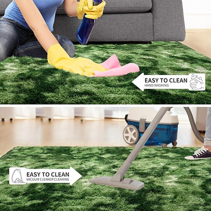 Tepook Soft Fluffy Rugs for Living Room, 5x8 Shaggy Area Rug for Bedroom, Modern Shag Rug Fuzzy Carpets for Kids, Plush Indoor Nursery Home Decor Rug with Non-Slip Bottom, Tie-Dyed Dark Green