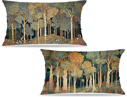 Rustic William Morris Inspired Forest Green Pillow Covers 12x20 Set of 2,Vintage Botanical Nature Landscape Decorative Throw Pillow Covers for Home Bedroom Living Room
