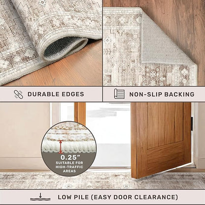 Washable Neutral Farmhouse Large Entryway Rug, 3x4 Area Rugs for Kitchen, Bedroom, Nursery Room, Boho Vintage Floral Non-Slip Throw Rug Low Pile Stain Resistant (3x4 Beige/Latte)