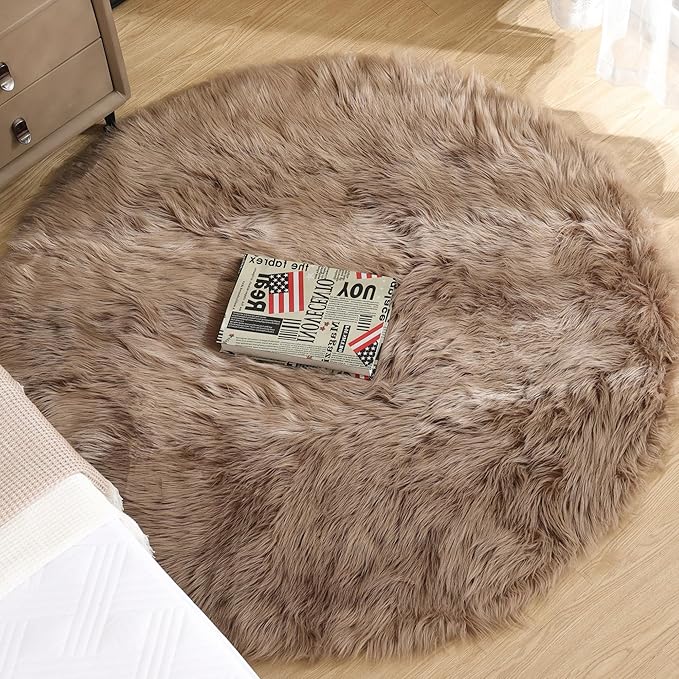 ORINOVA Beige 3ft Round Fluffy Shaggy Rug Washable Soft Area Rug for Living Room Bedroom Cute Room Decor Circle Nursery Rug Faux Fur Carpet